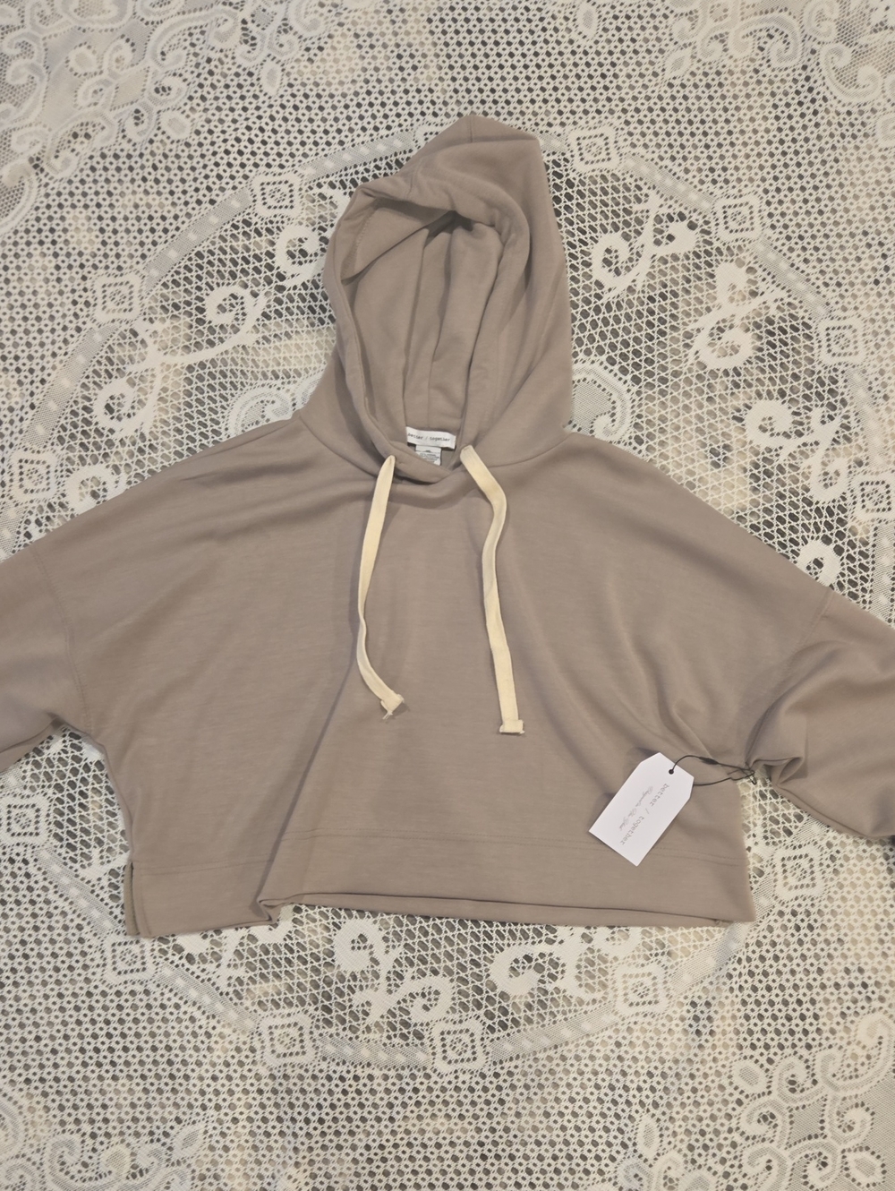 Cropped Hoodie in Taupe with Cream Drawstrings